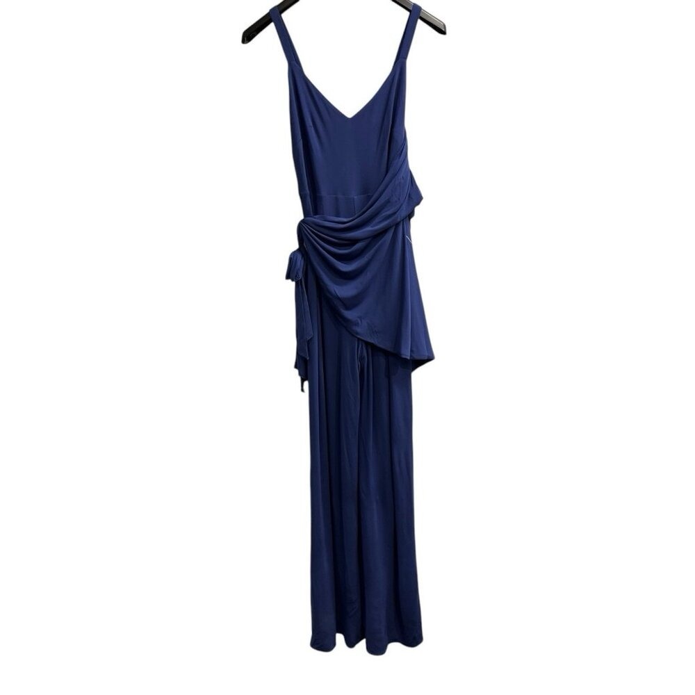 Halston Zaria Jumpsuit Blue Jersey Asymmetrical Neckline Wide Leg Size 6 Event
